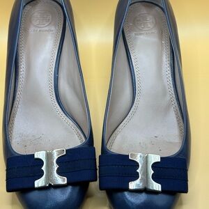 Tory Burch Navy Leather Flats with Silver Accent